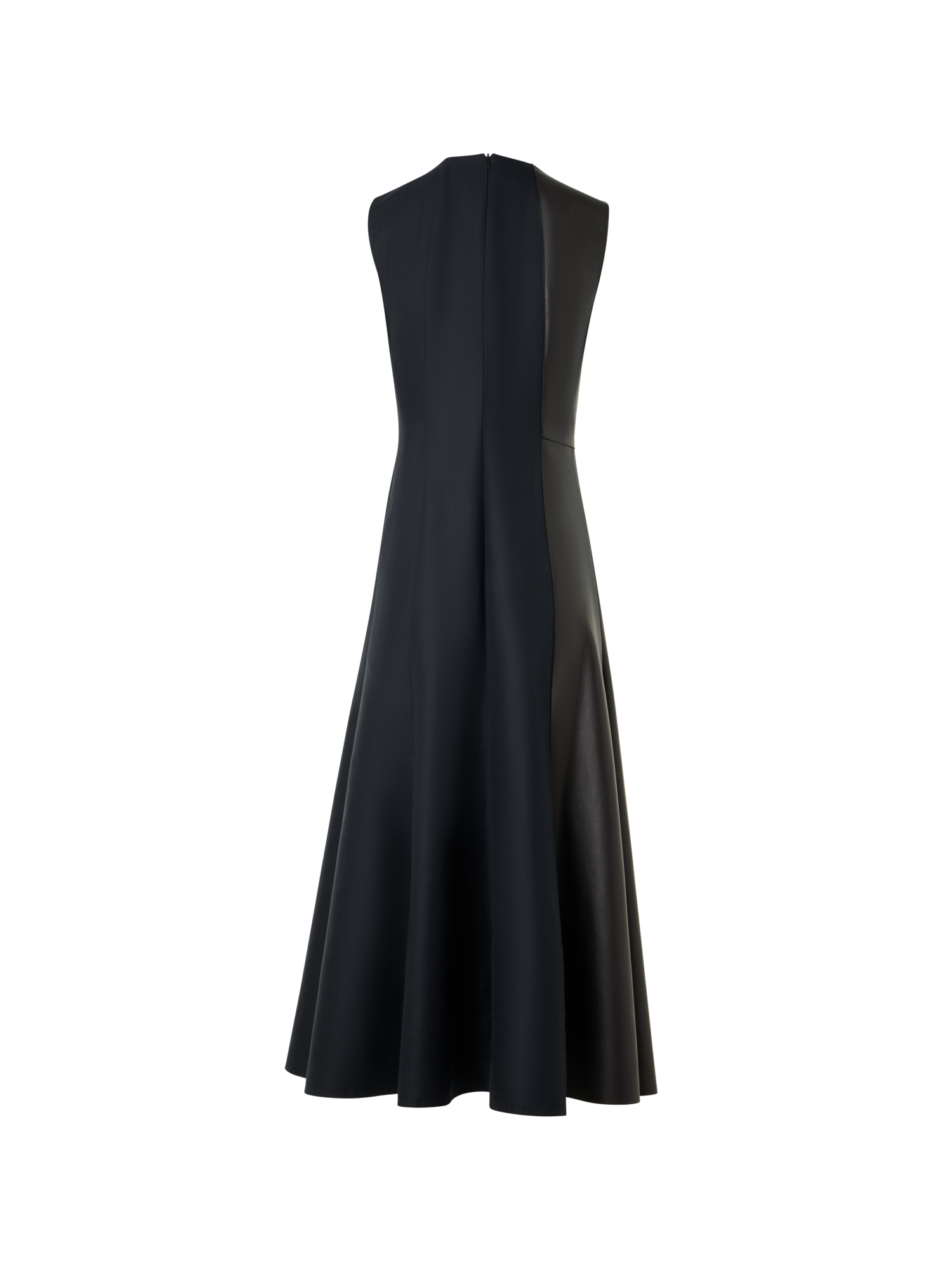 Designer Flared Midi Dress with Leather Patchwork - black