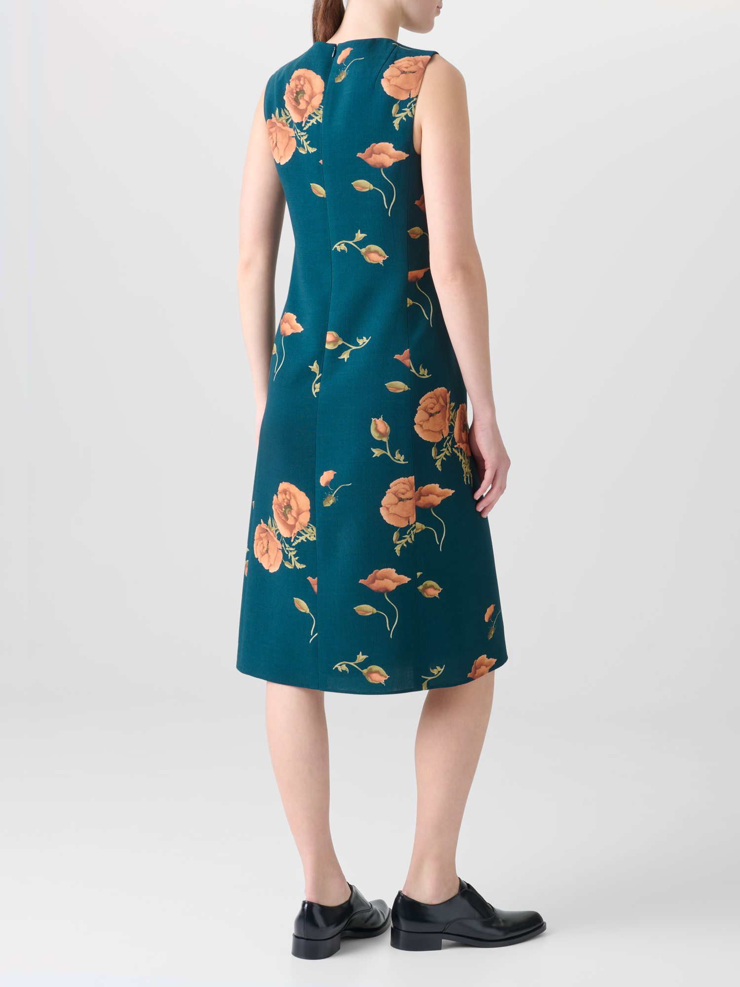 Designer Sheath Dress in Wool Double-Face Anemone Print - green - multicolor