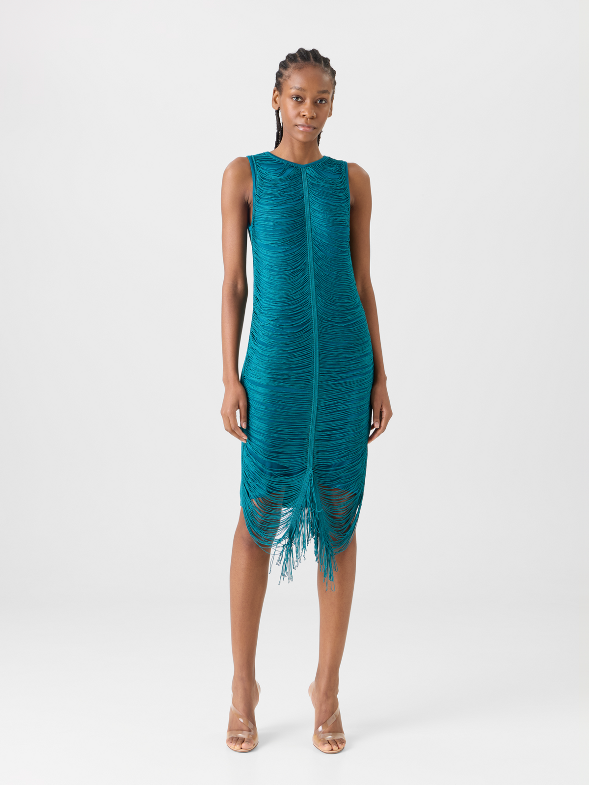 Designer Sleeveless Fringe Drape Knit Sheath Dress in Silk - green #editorial