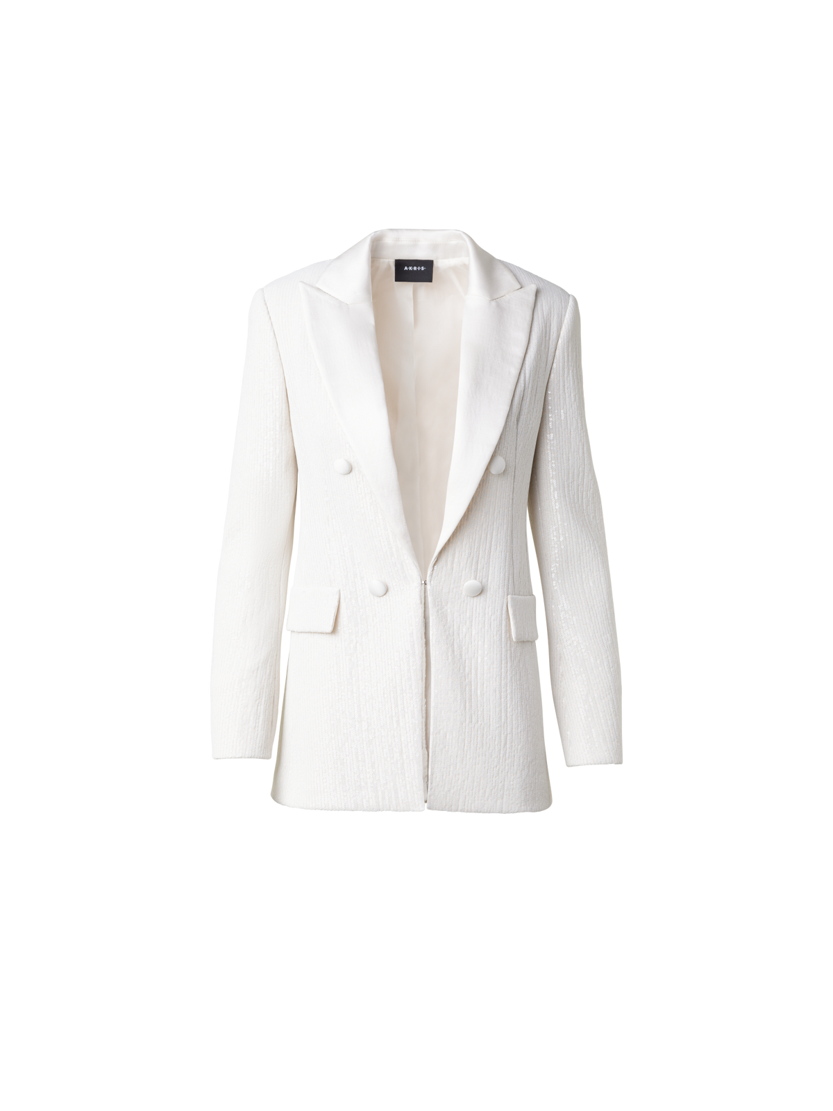 Designer Sequined Tuxedo Jacket with Satin Lapel - ecru - white