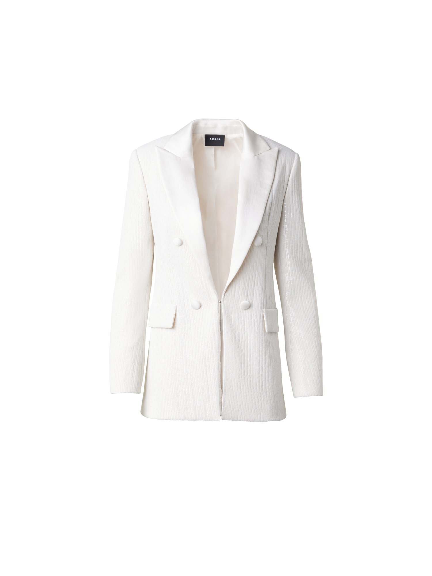 Designer Sequined Tuxedo Jacket with Satin Lapel - ecru - white