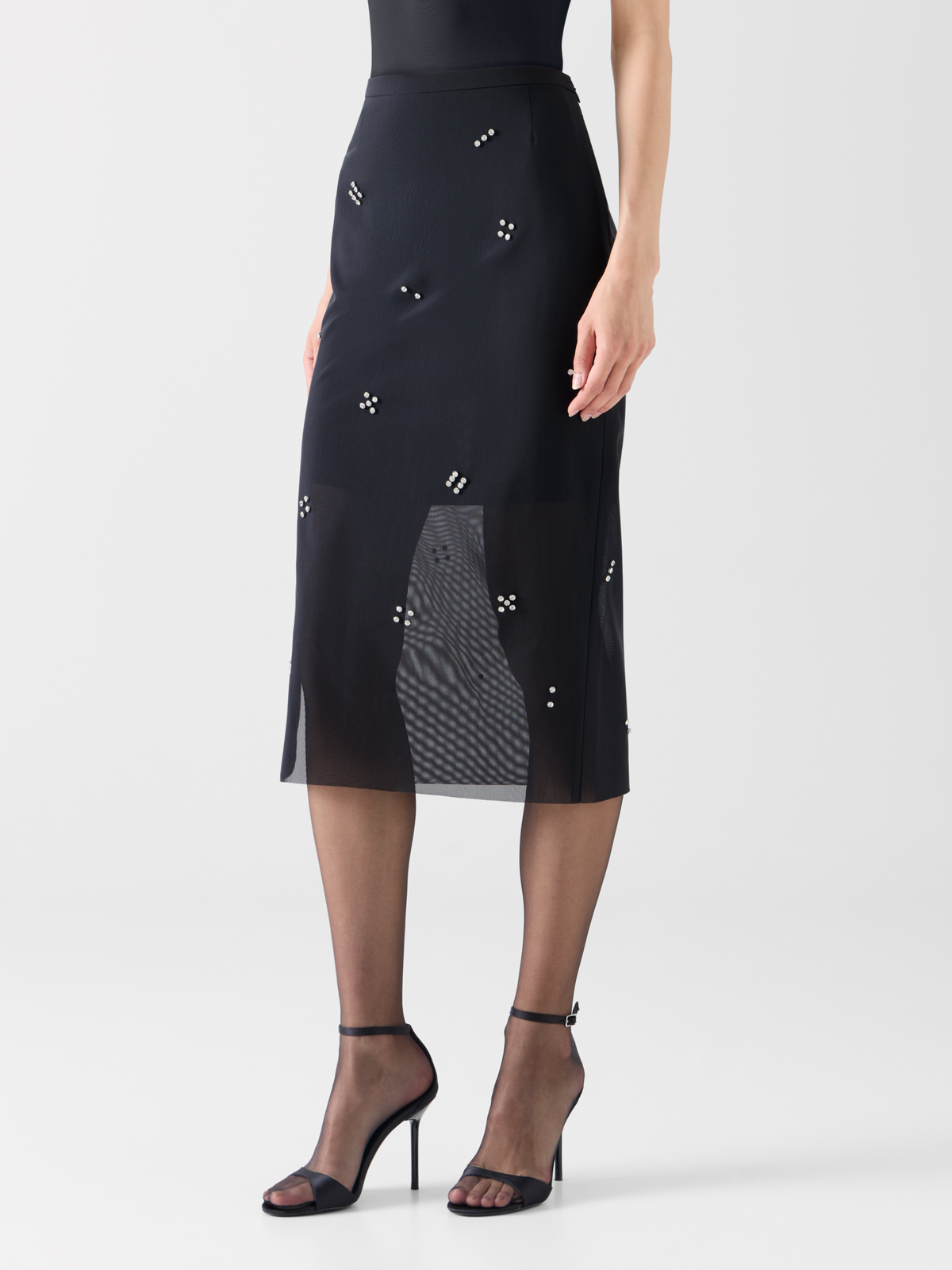 Designer Tulle Pencil Skirt with Diamond Dice Dot Embellishment - black #editorial
