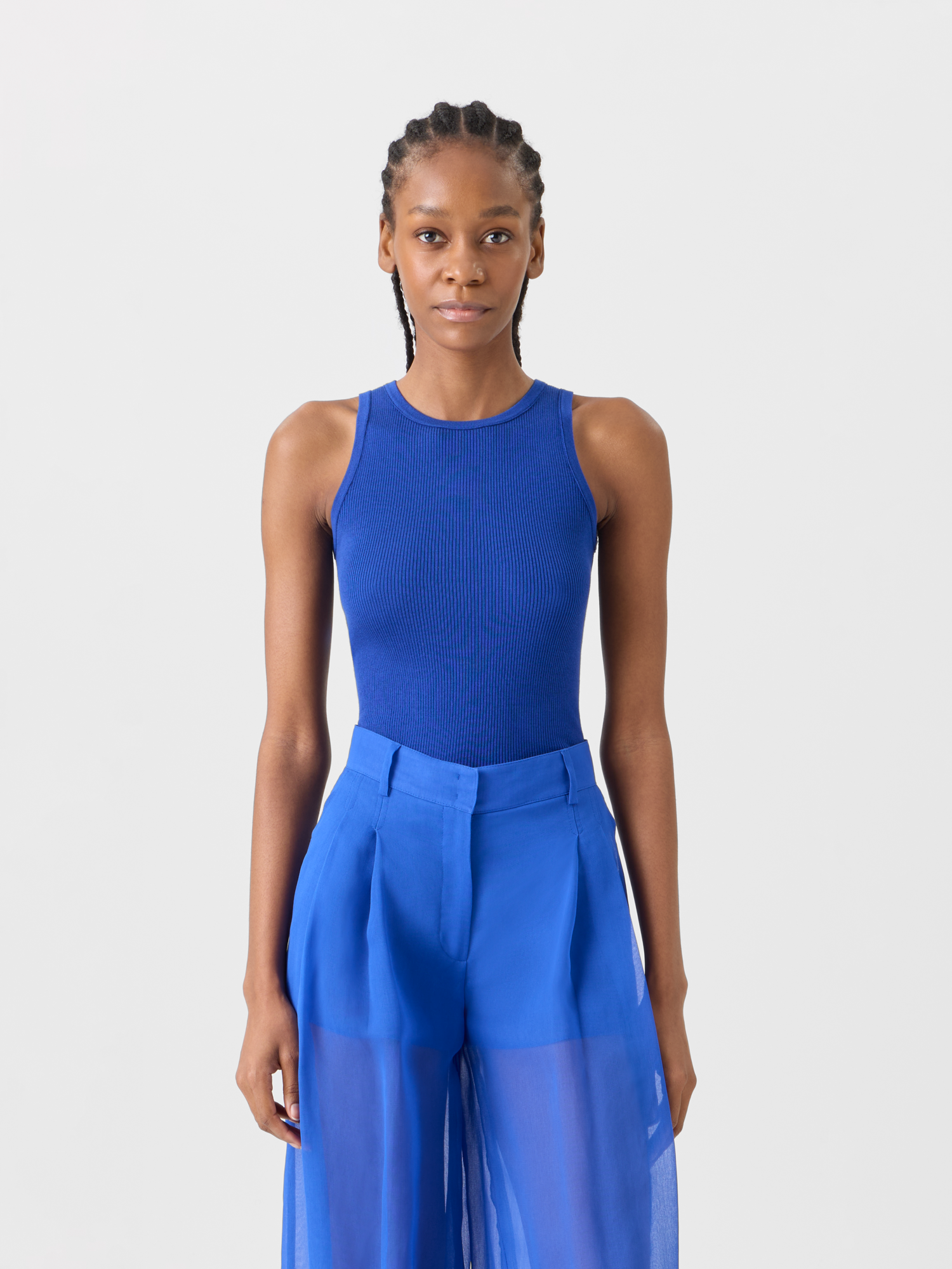 Designer Sleeveless Ribbed Silk Knit Top - blue 