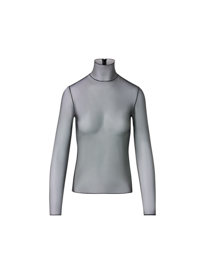 Designer Sheer Stretch Tulle Mock-Neck Top - black