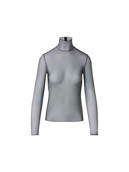 Designer Sheer Stretch Tulle Mock-Neck Top - black