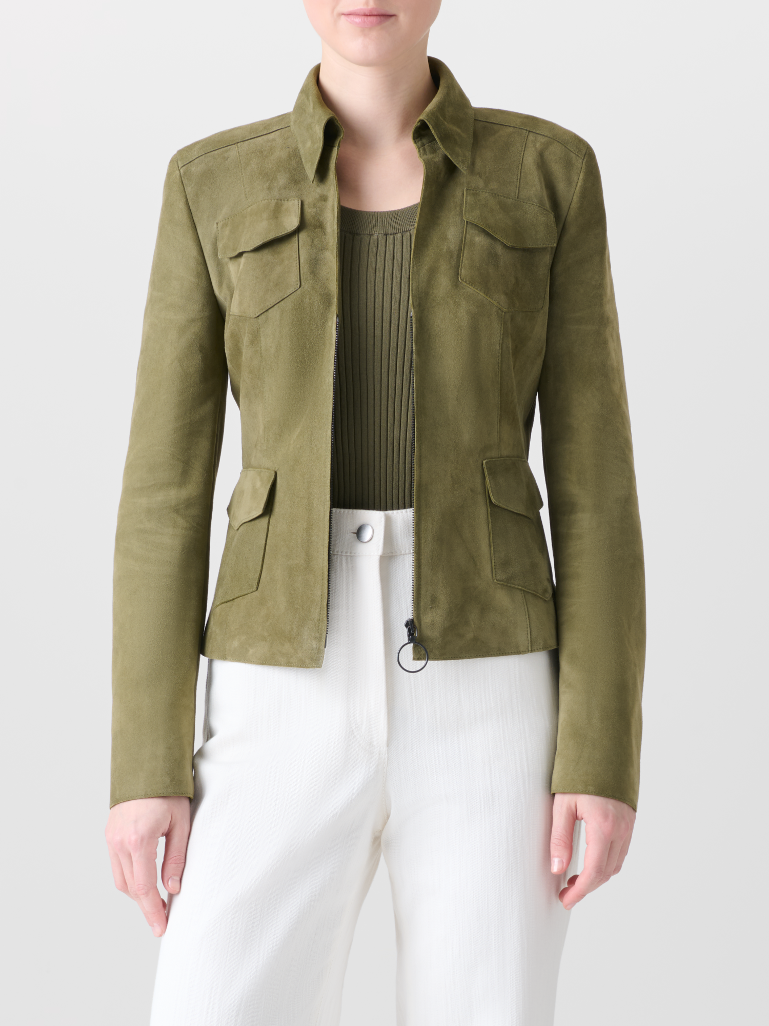 Designer Fitted Suede Utility Jacket - neutral - green 