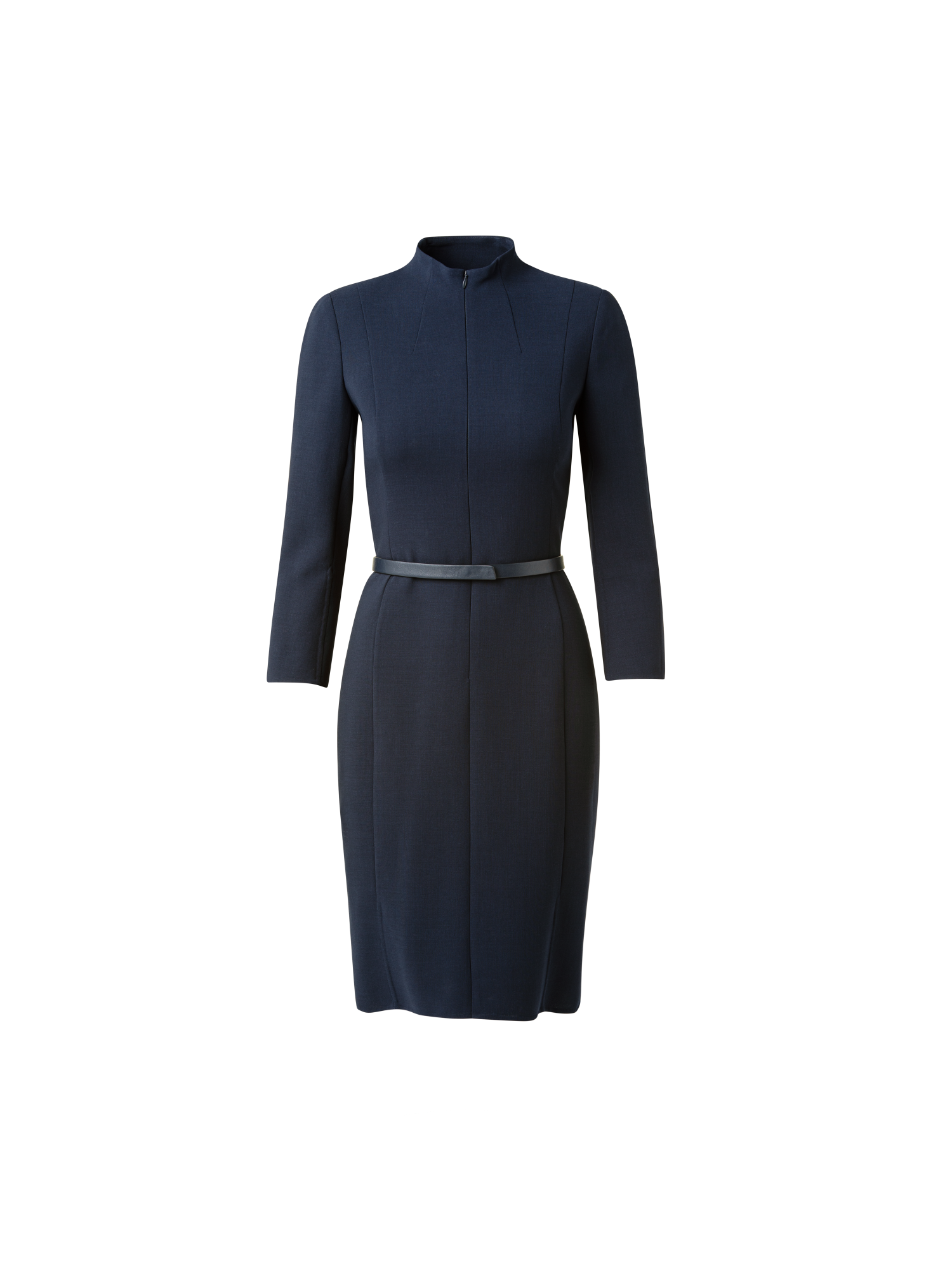 Designer 3/4 Sleeve Wool Double-Face Mock Neck Dress - navy - blue