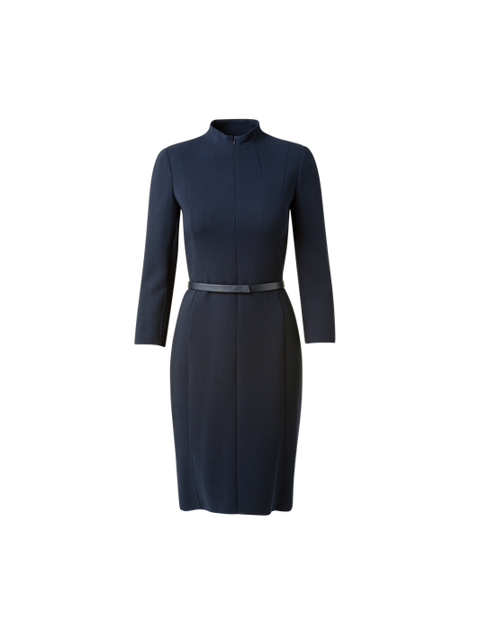 Designer 3/4 Sleeve Wool Double-Face Mock Neck Dress - navy - blue