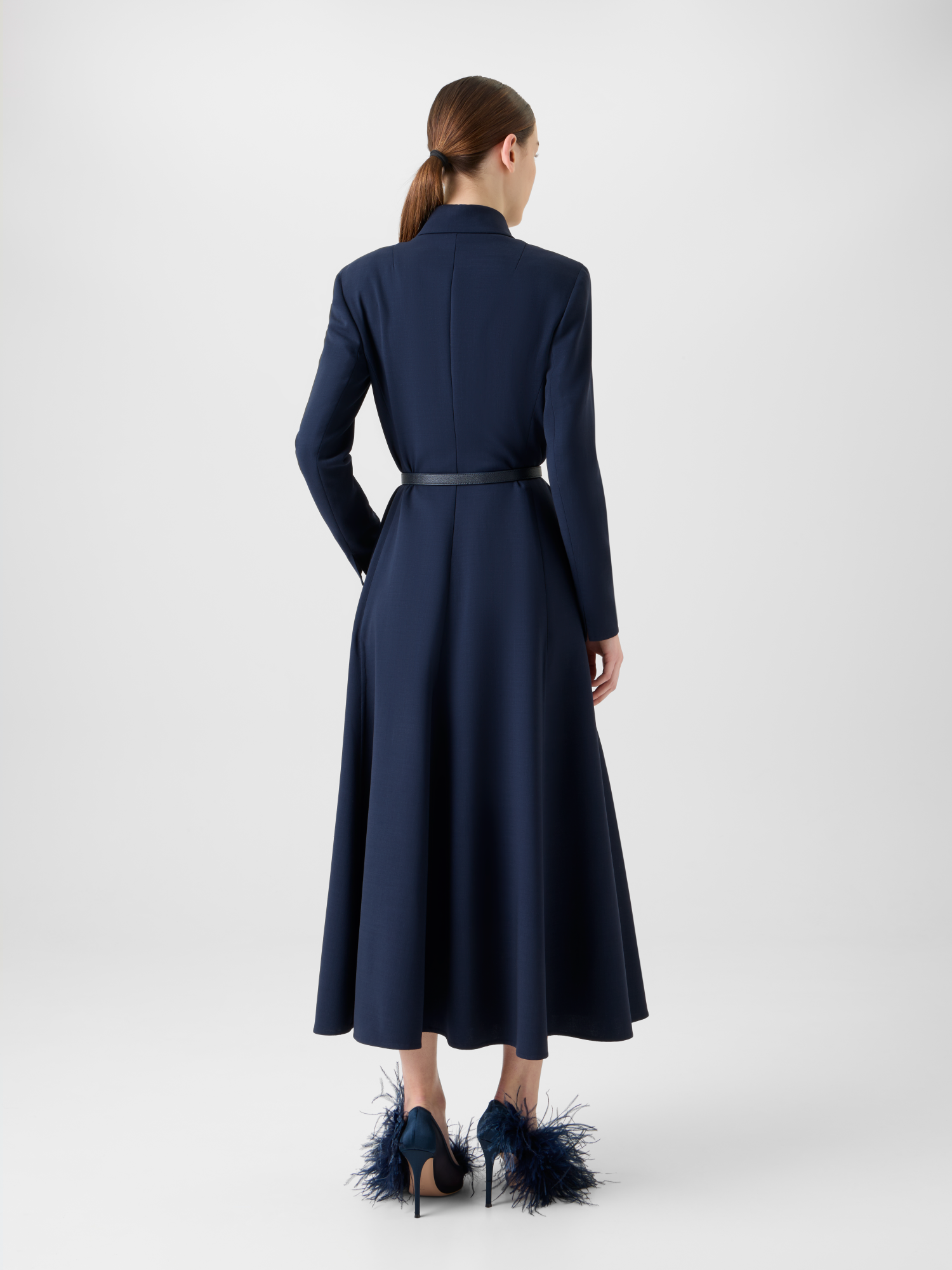 Designer Belted Wool Double-Face Midi Shirt Dress - neutral - navy - blue 