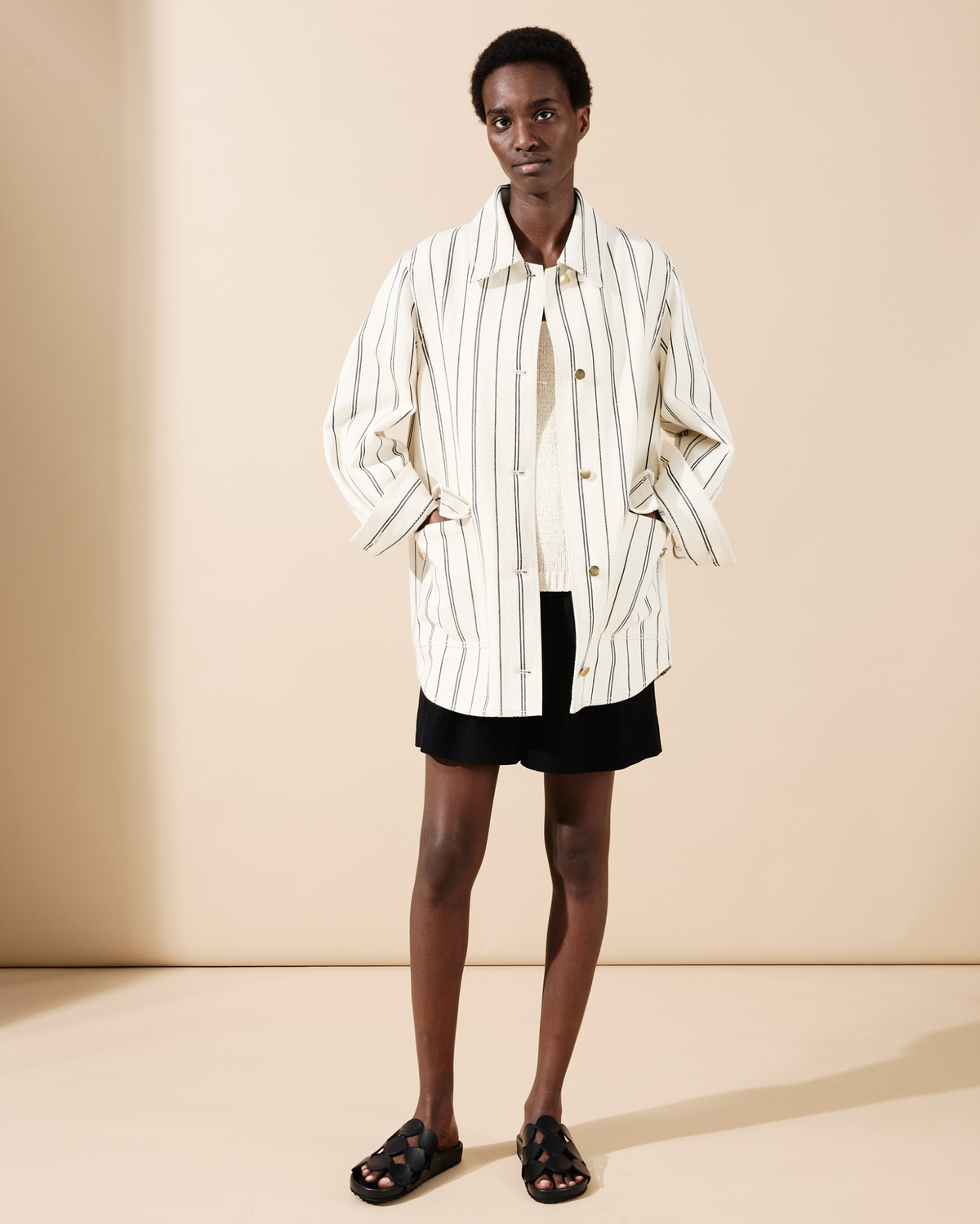 Designer Boyfriend Jacket in Striped Denim - multicolor - ecru - white #editorial