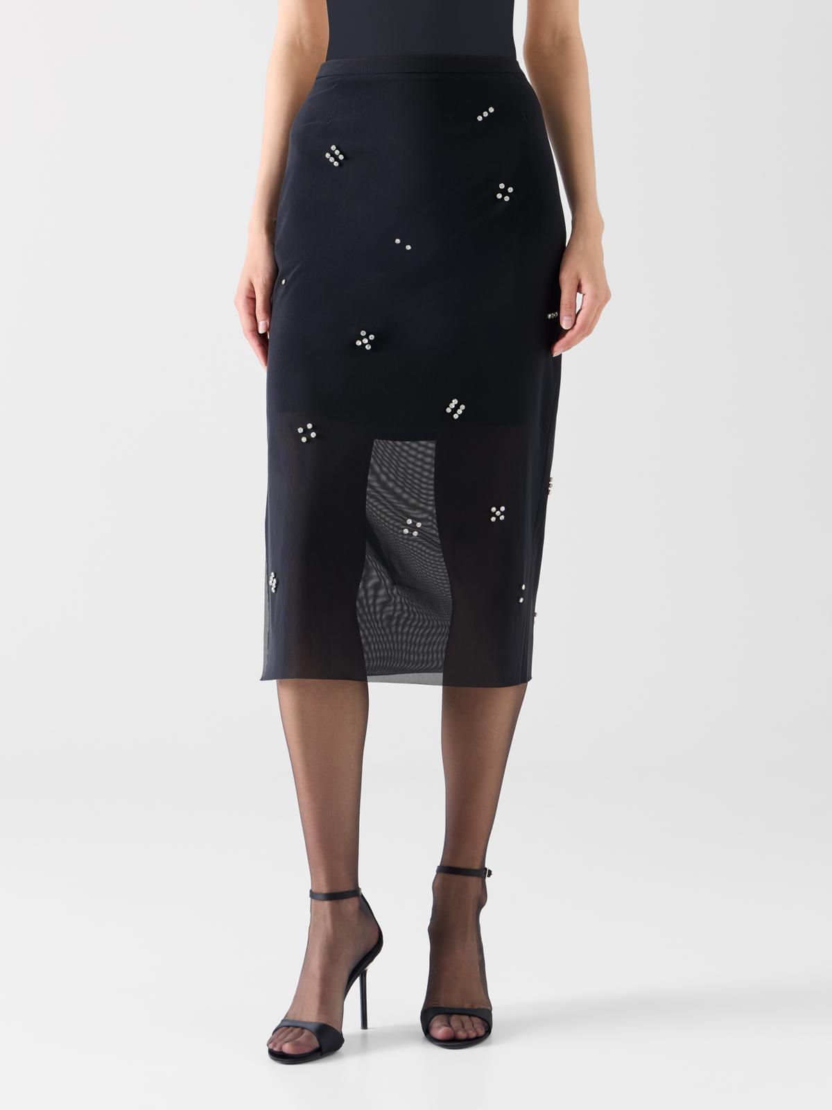 Designer Tulle Pencil Skirt with Diamond Dice Dot Embellishment - black #editorial