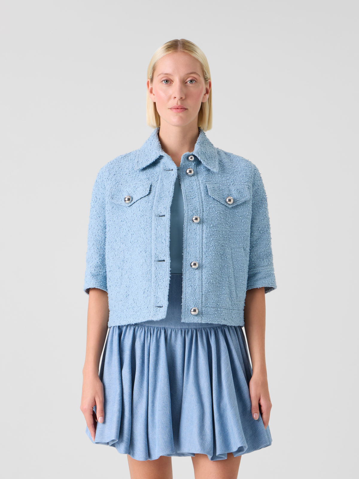 Designer Short Bouclé Cotton Summer Jacket - blue #editorial