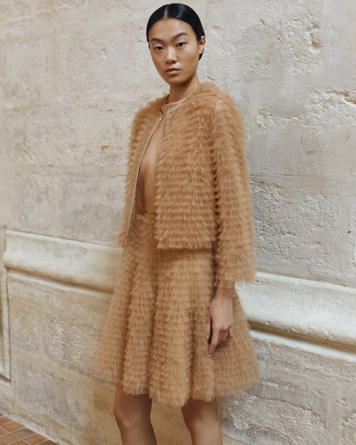 Designer Short Allover Ruched Tulle Jacket - neutral - pastel - beige #editorial