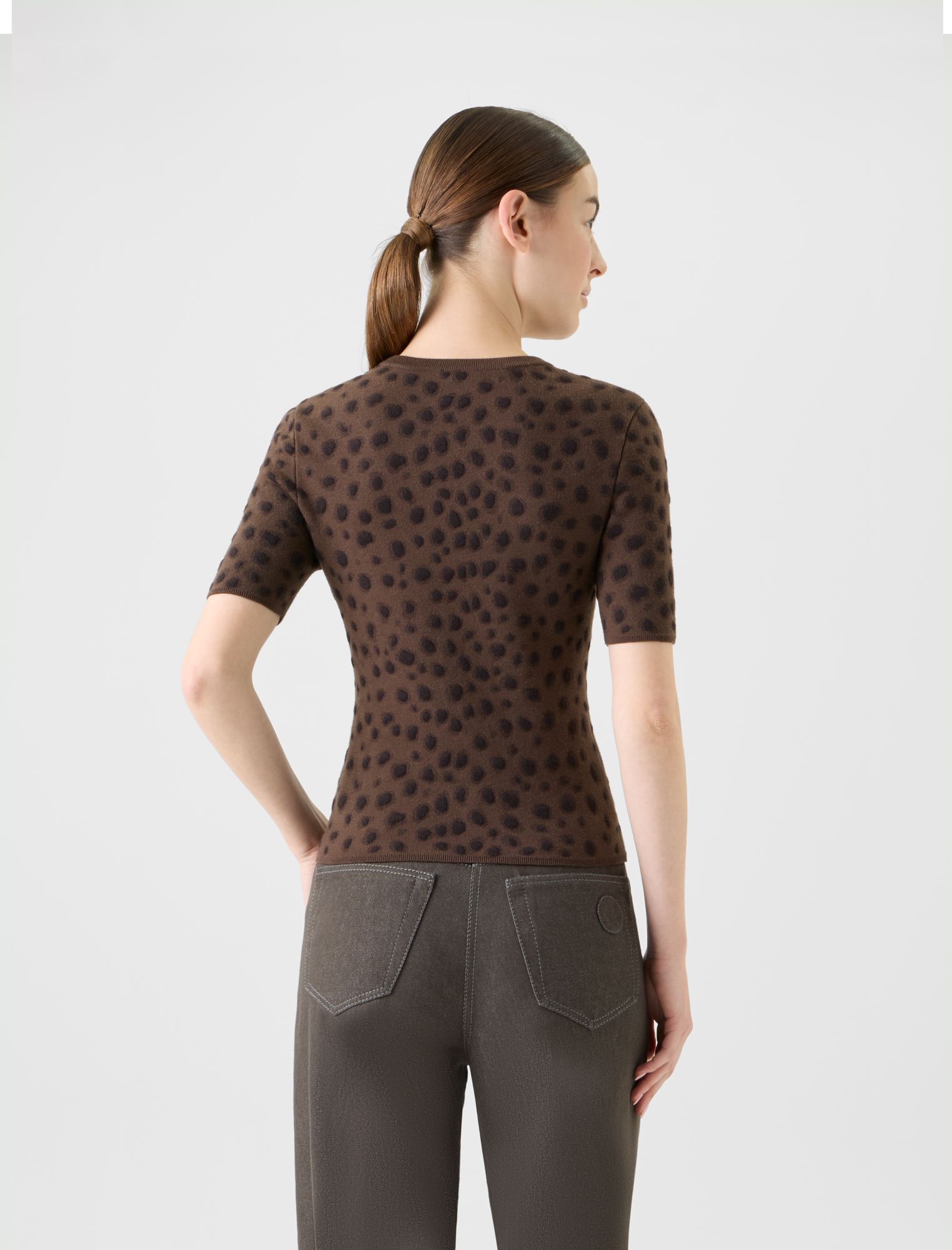Designer Fitted Merino Wool Knit Top in Leopard Jacquard - neutral - brown 