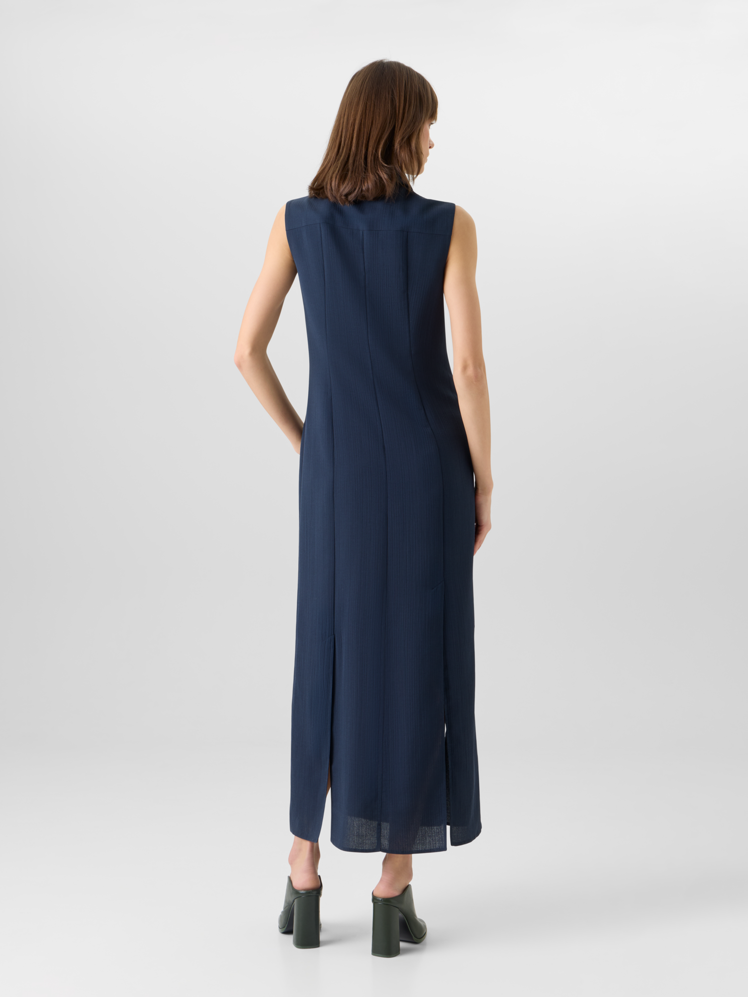 Designer Sleeveless Structured Cotton-Silk Double-Face Midi Shirt Dress - blue 