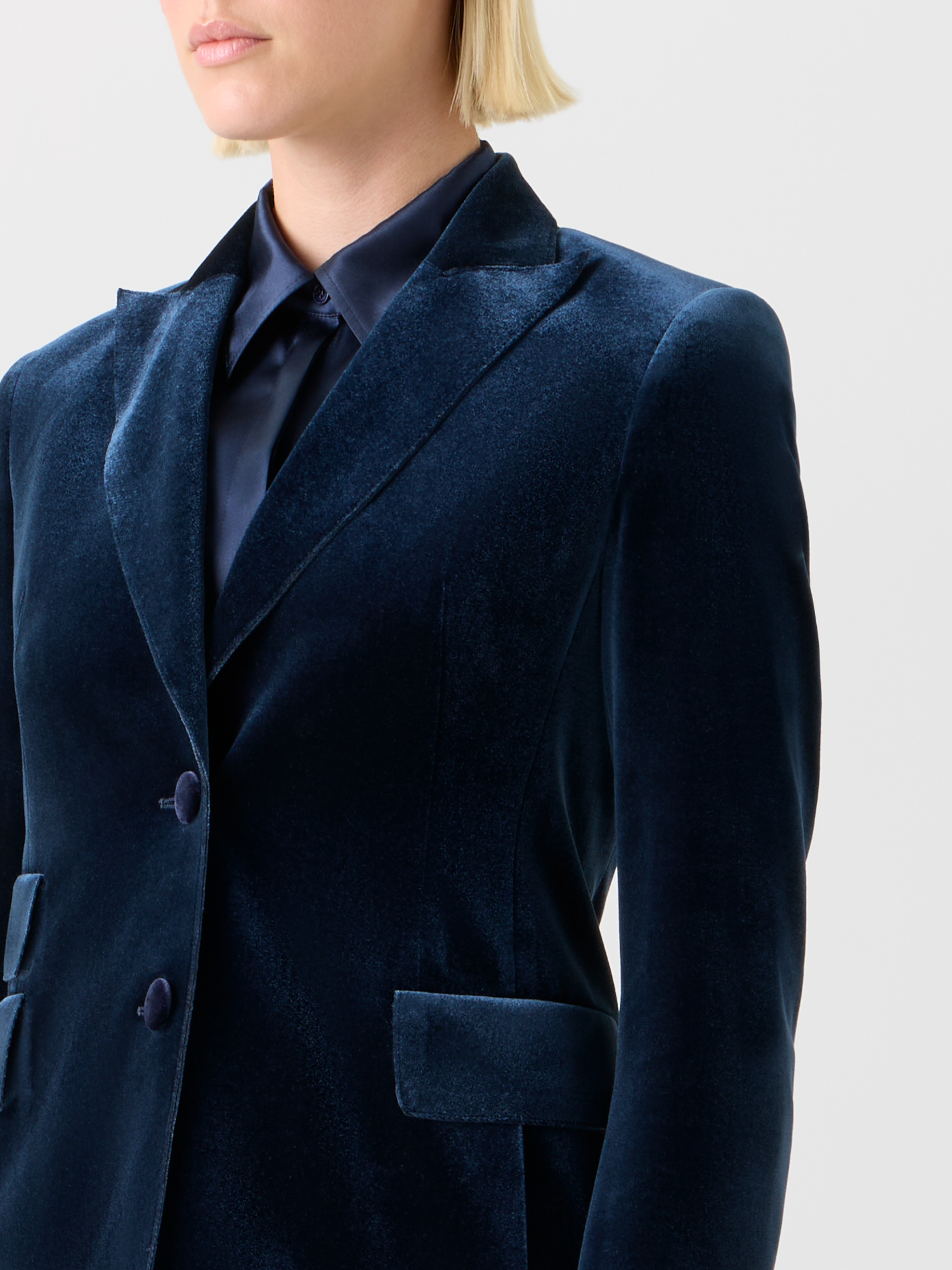 Designer Long Stretch Techno Velvet Blazer Jacket - neutral - navy - blue 