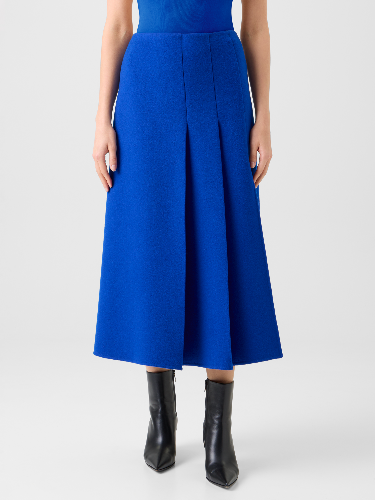 Designer Pleated Wool Flannel Double-Face Midi Skirt - blue 