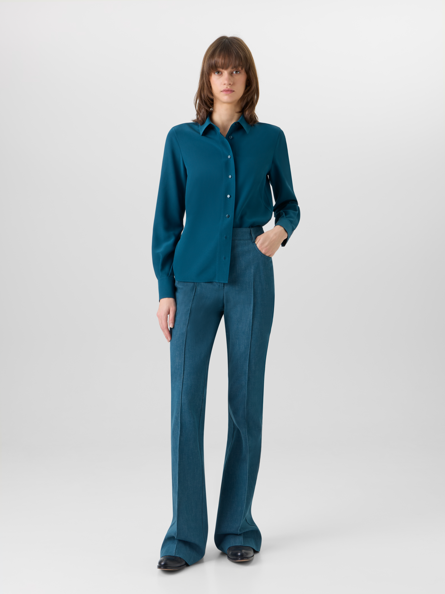 Designer Long-Sleeve Silk Crêpe Tunic Blouse - blue 