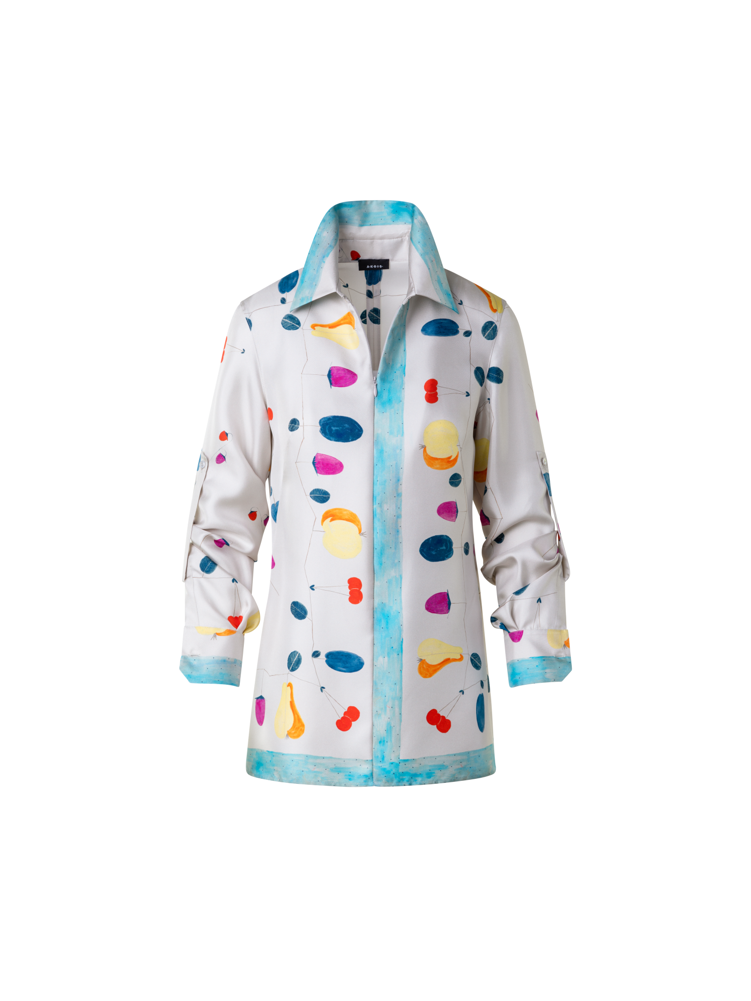 Designer Silk Tunic Blouse with Fruits Print - multicolor