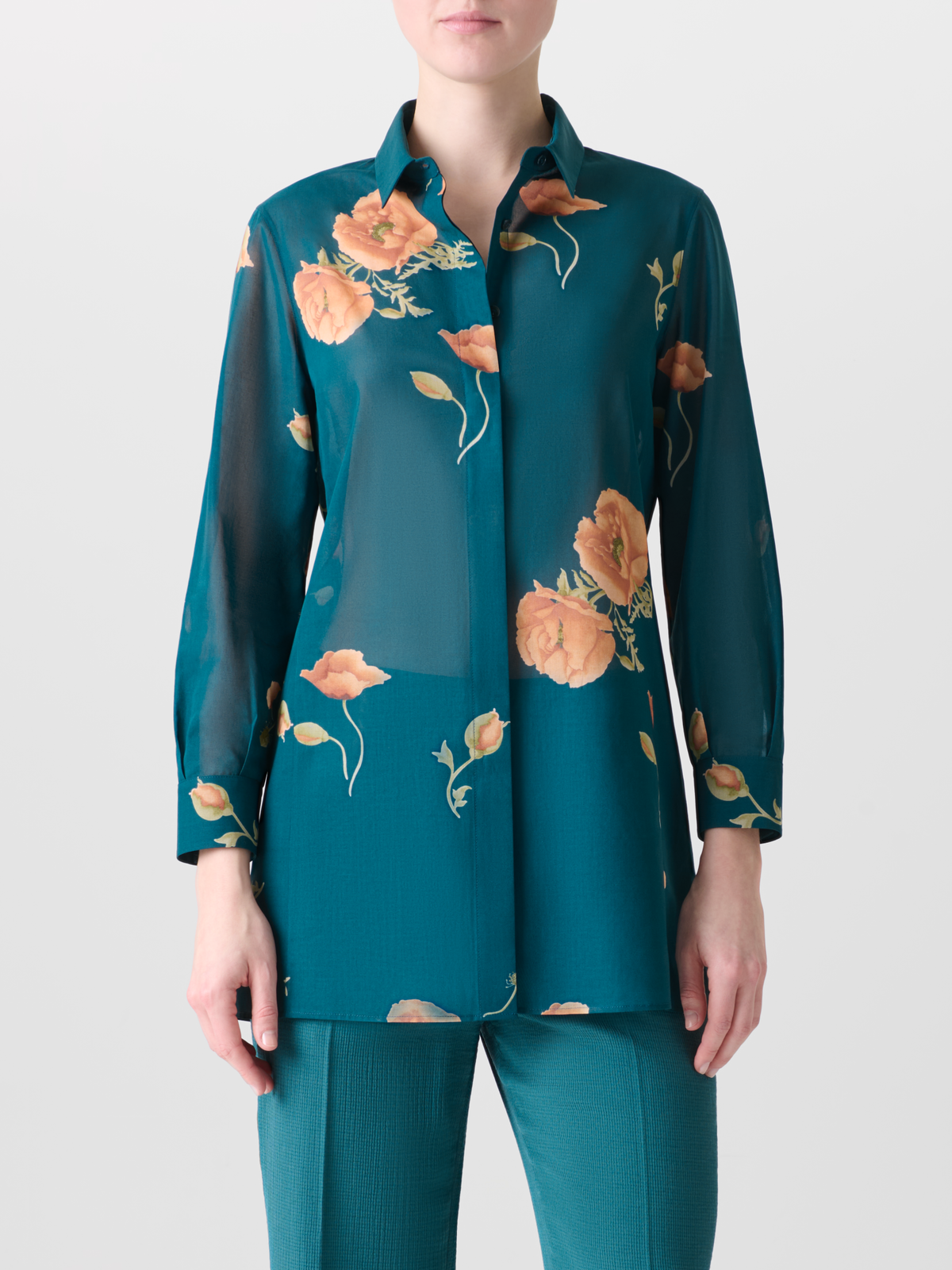 Designer Cotton Tunic Blouse with Anemone Print - green - multicolor