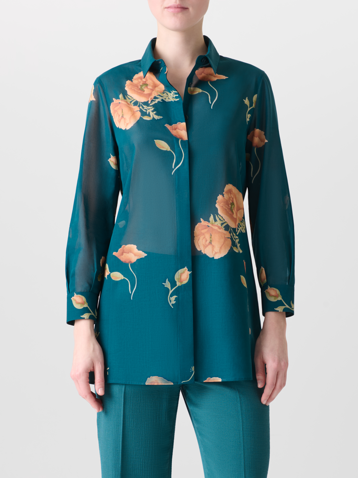 Designer Cotton Tunic Blouse with Anemone Print - green - multicolor