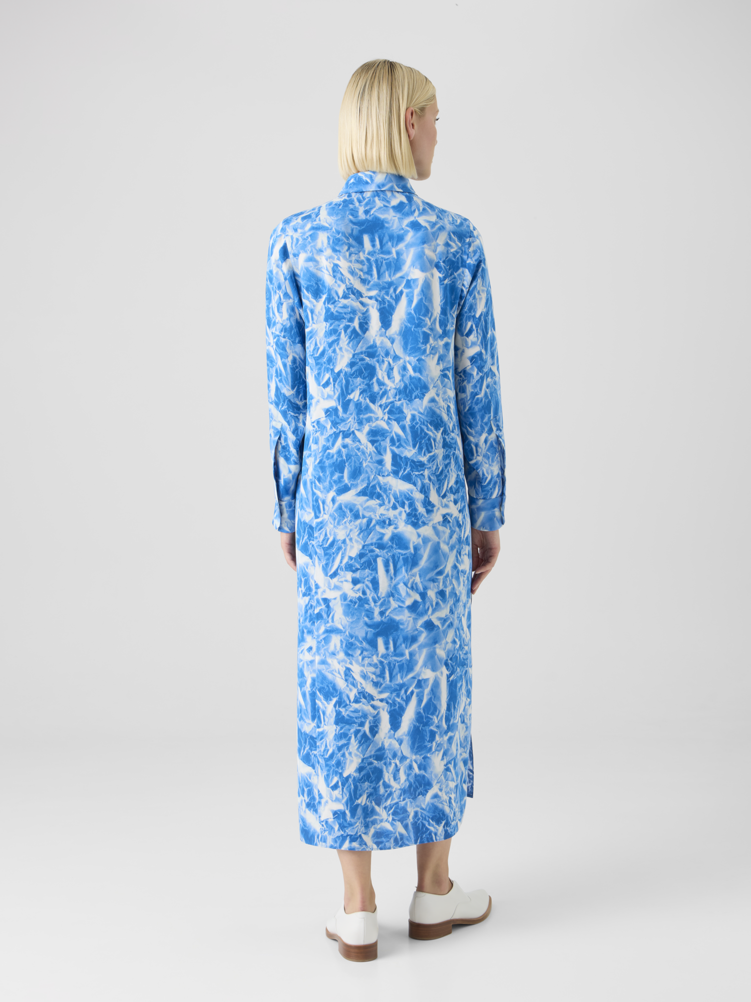 Designer Whitecaps Print Silk Crêpe Midi Tunic Dress - blue - ecru 
