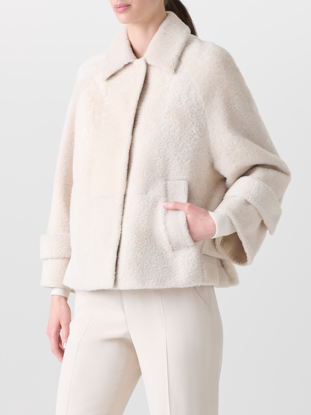Designer Short A-Line Shearling Jacket - neutral - ecru - white #editorial