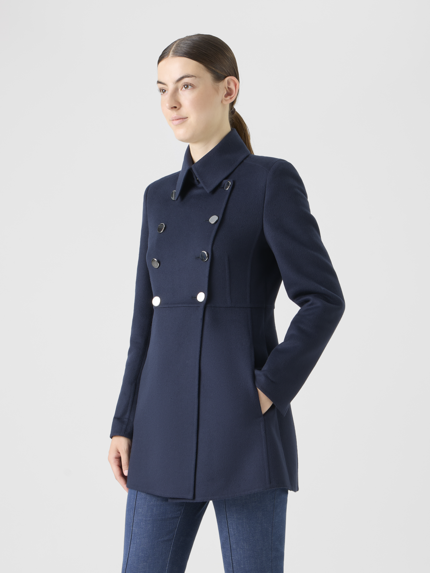Designer Wool Double-Face Short Coat - navy 