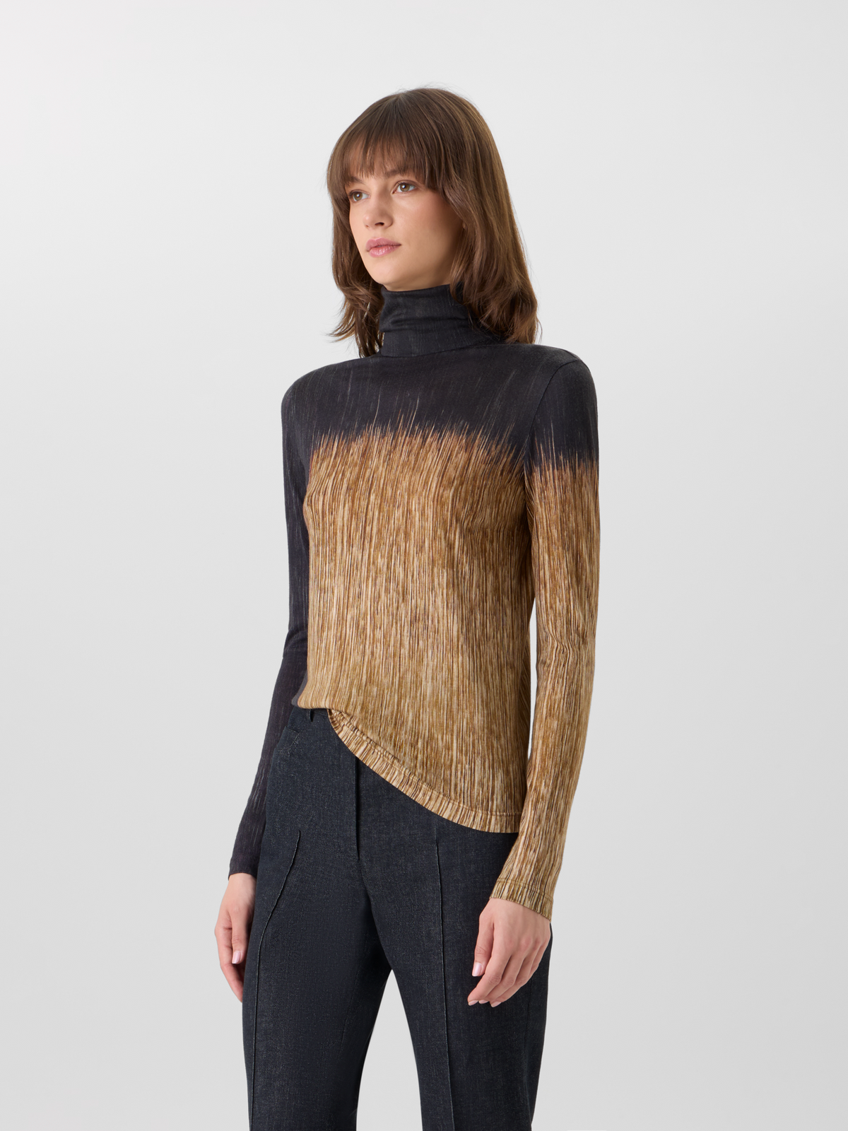 Designer Cashmere Silk Shirt in Oro Lienzo Print - multicolor - black - brown #editorial