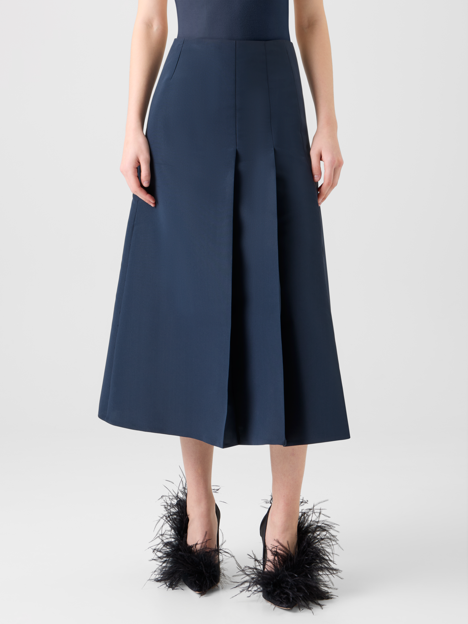 Designer Half-Pleated Ottoman Silk Midi Skirt - neutral - navy - blue 