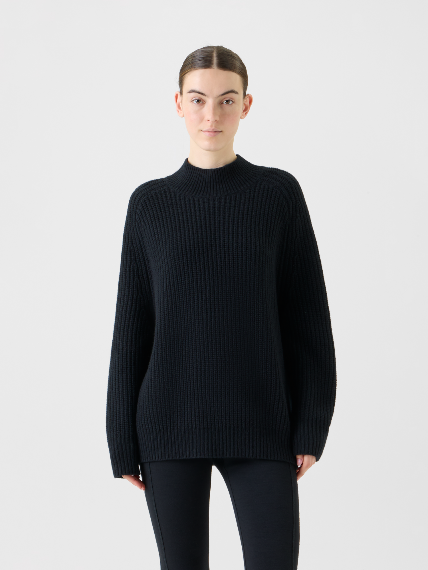 Designer Oversized Wool Cashmere Mock Neck Knit Sweater - black - neutral 