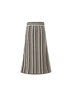 Designer Striped Midi Skirt in Chunky Knit Cotton - black - neutral - multicolor - ecru