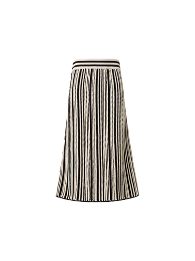 Designer Striped Midi Skirt in Chunky Knit Cotton - black - neutral - multicolor - ecru