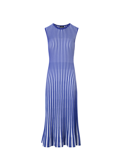 Designer Two Tone Rib Knit Dress with Sheer Shoulders - blue