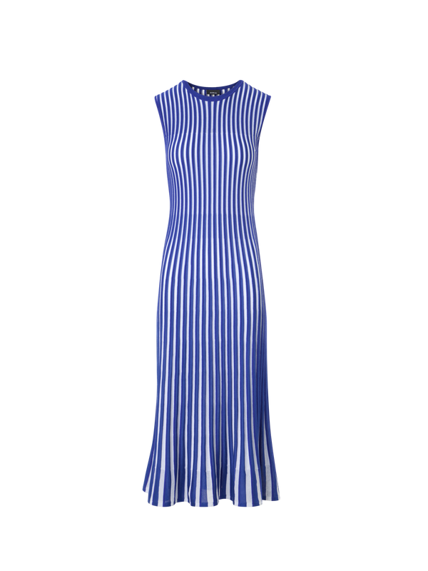 Designer Two Tone Rib Knit Dress with Sheer Shoulders - blue