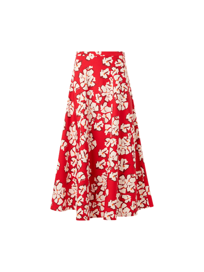 Designer Flared Papercut Flower Midi Skirt - red