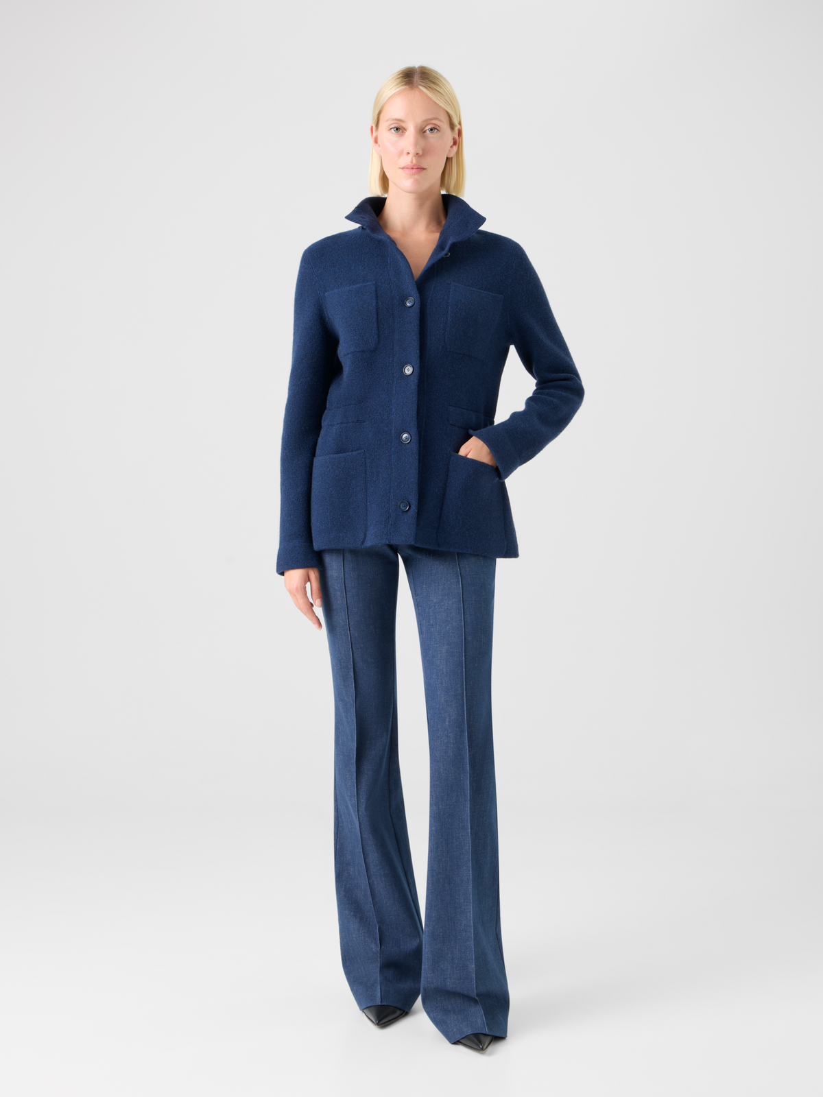 Designer Cashmere Piqué Hooded Knit Jacket - navy #editorial