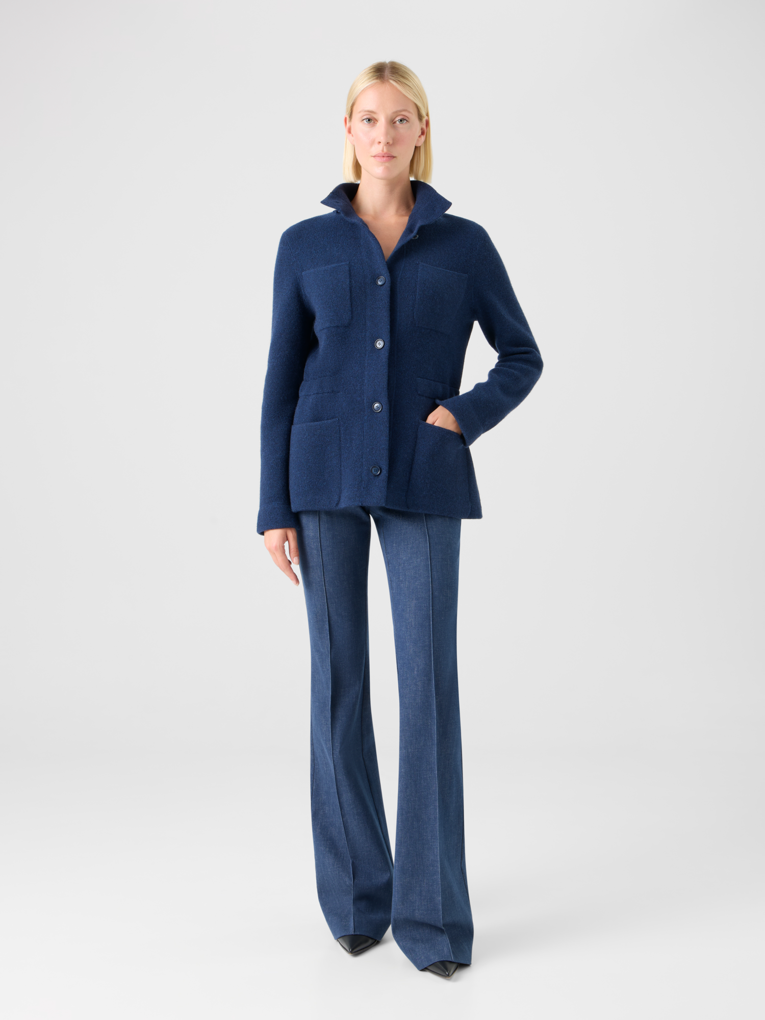 Designer Cashmere Piqué Hooded Knit Jacket - navy 