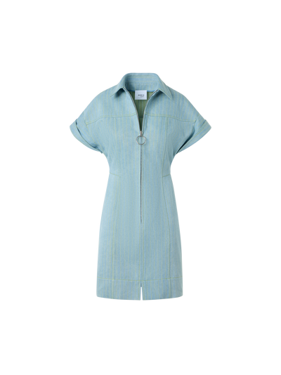 Designer Fitted Pinstripe Denim Mini Shirt Dress - blue