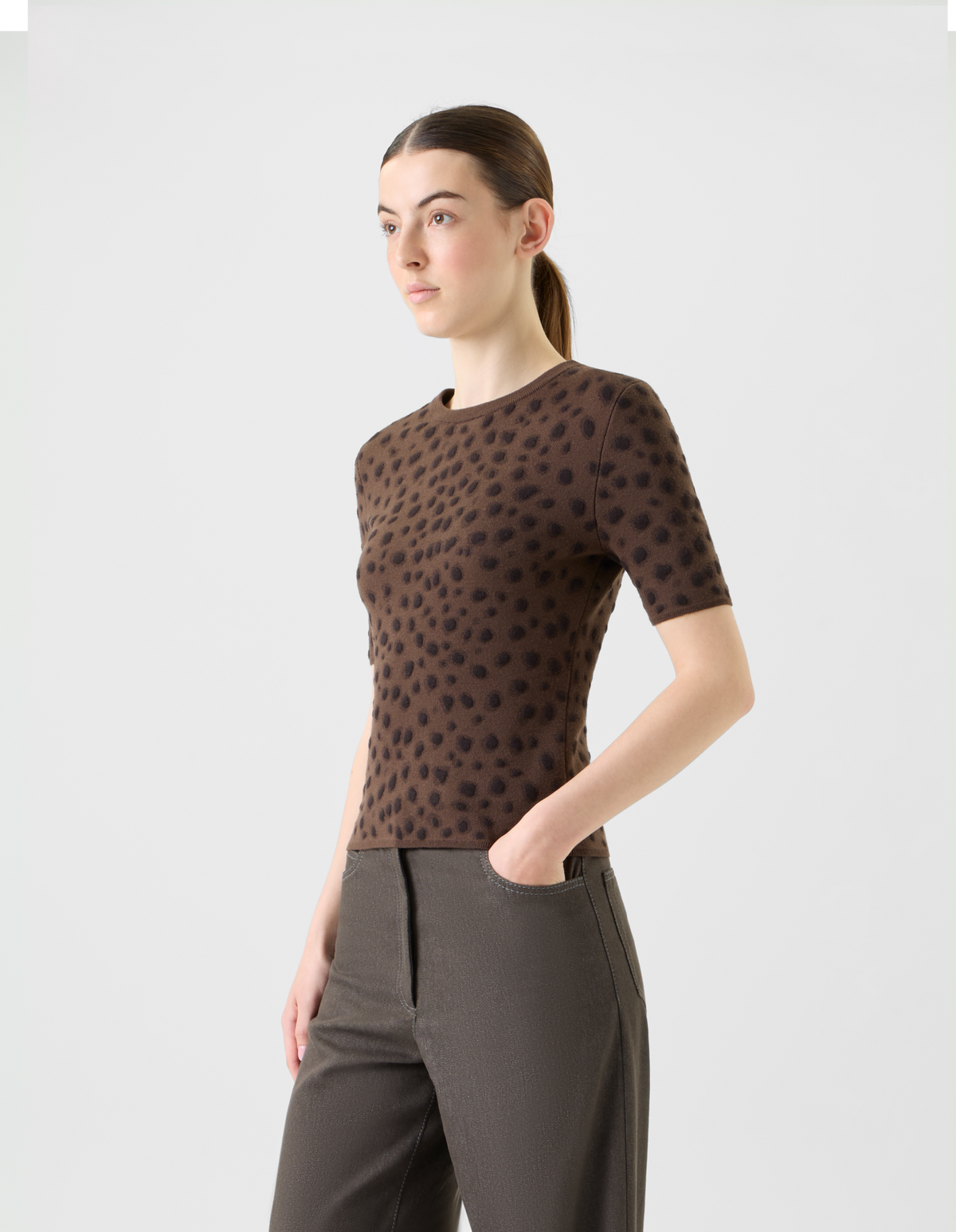 Designer Fitted Merino Wool Knit Top in Leopard Jacquard - neutral - brown #editorial