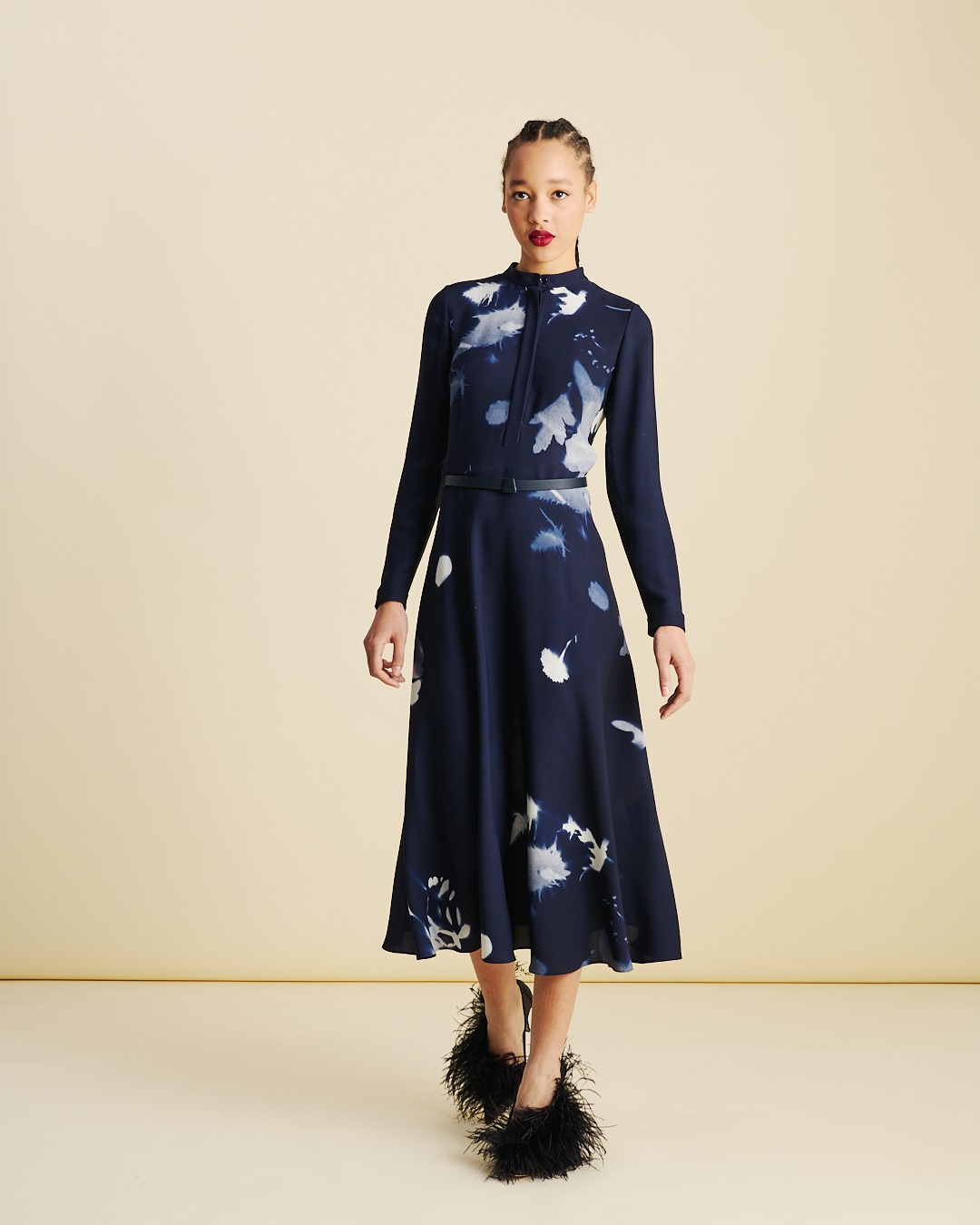 Designer Belted Midi Shirt Dress in Wildflower Print - neutral - navy - blue - multicolor #editorial