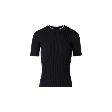 Short Sleeve Virgin Wool Sweater with Piping