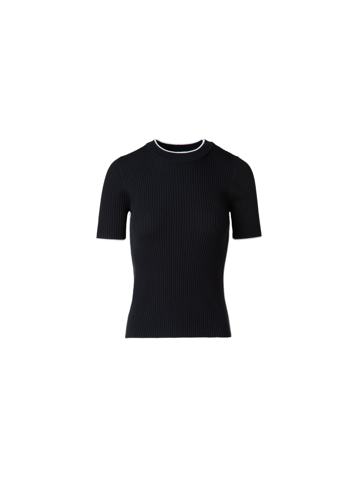 Designer Short Sleeve Virgin Wool Sweater with Piping - black