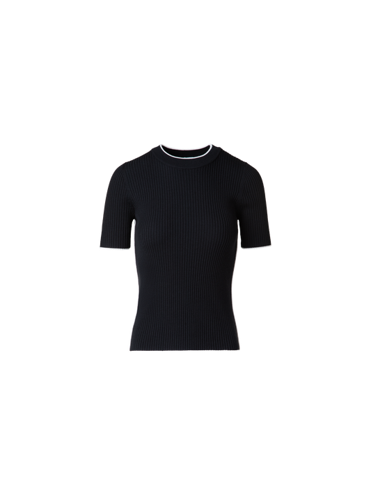 Designer Short Sleeve Virgin Wool Sweater with Piping - black