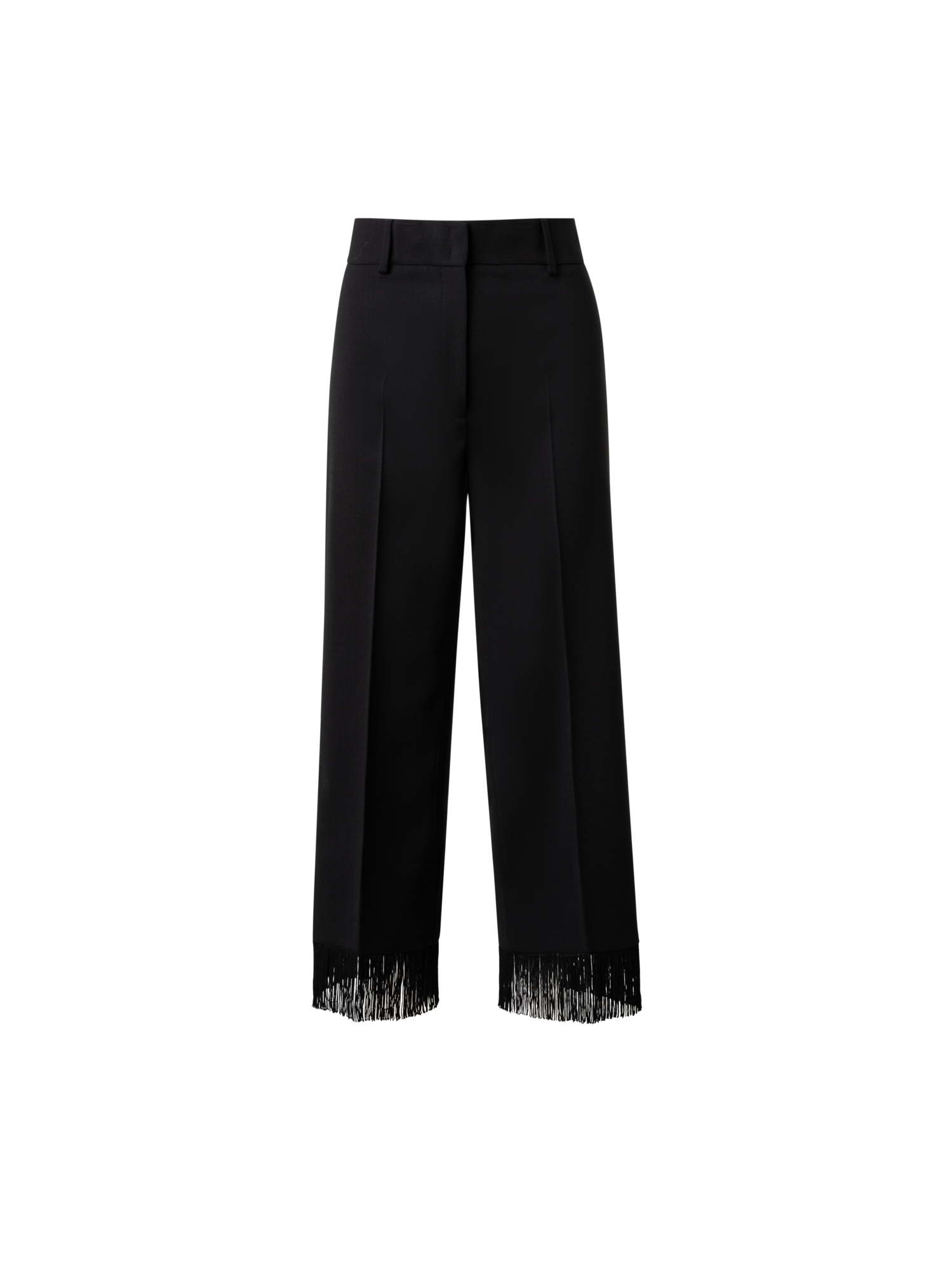 Designer Cropped Wide Wool Stretch Pants with Fringe - black