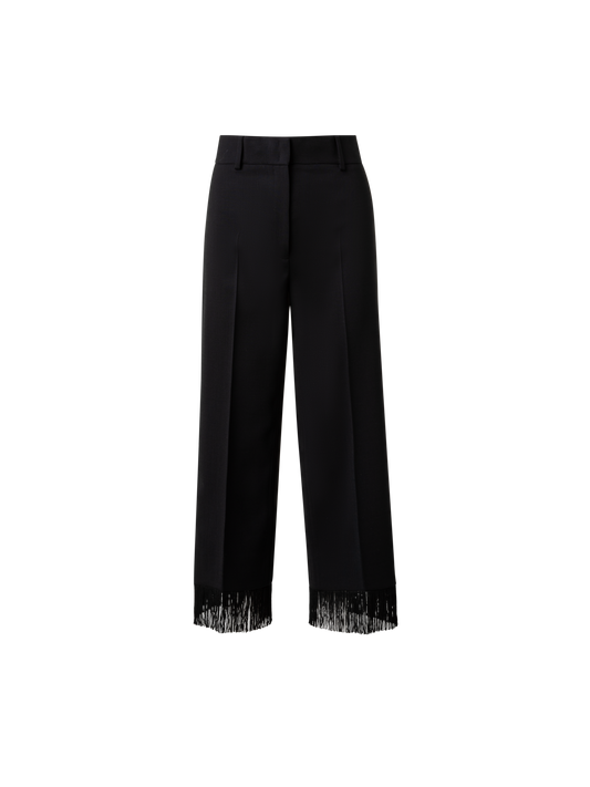 Designer Cropped Wide Wool Stretch Pants with Fringe - black