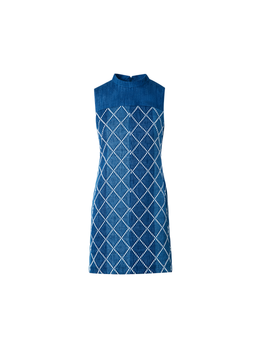 Designer Mini Cotton Sheath Dress with Diamond Jacquard - blue - multicolor
