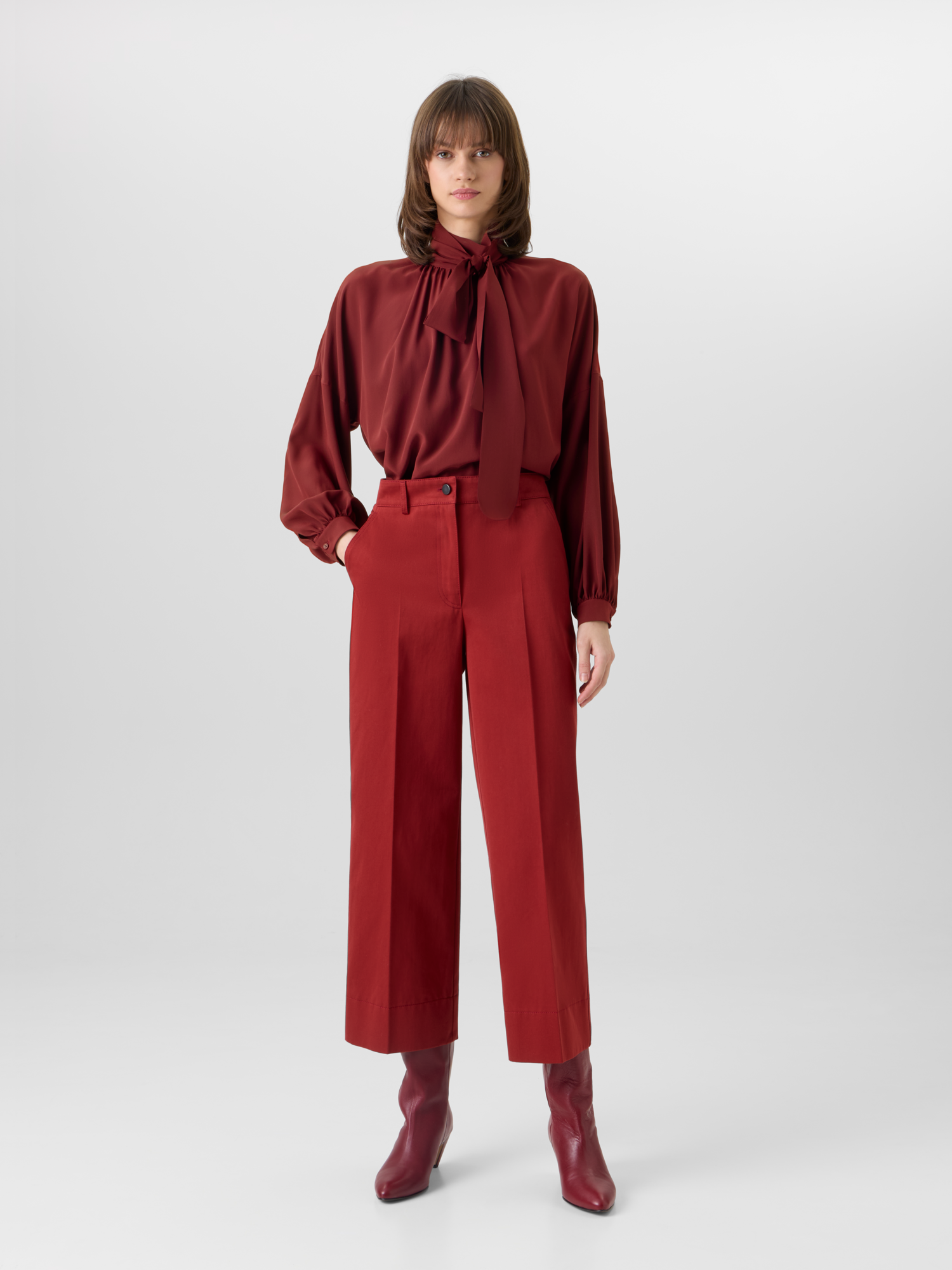 Designer Long-Sleeve Silk Crêpe de Chine Blouse - red 
