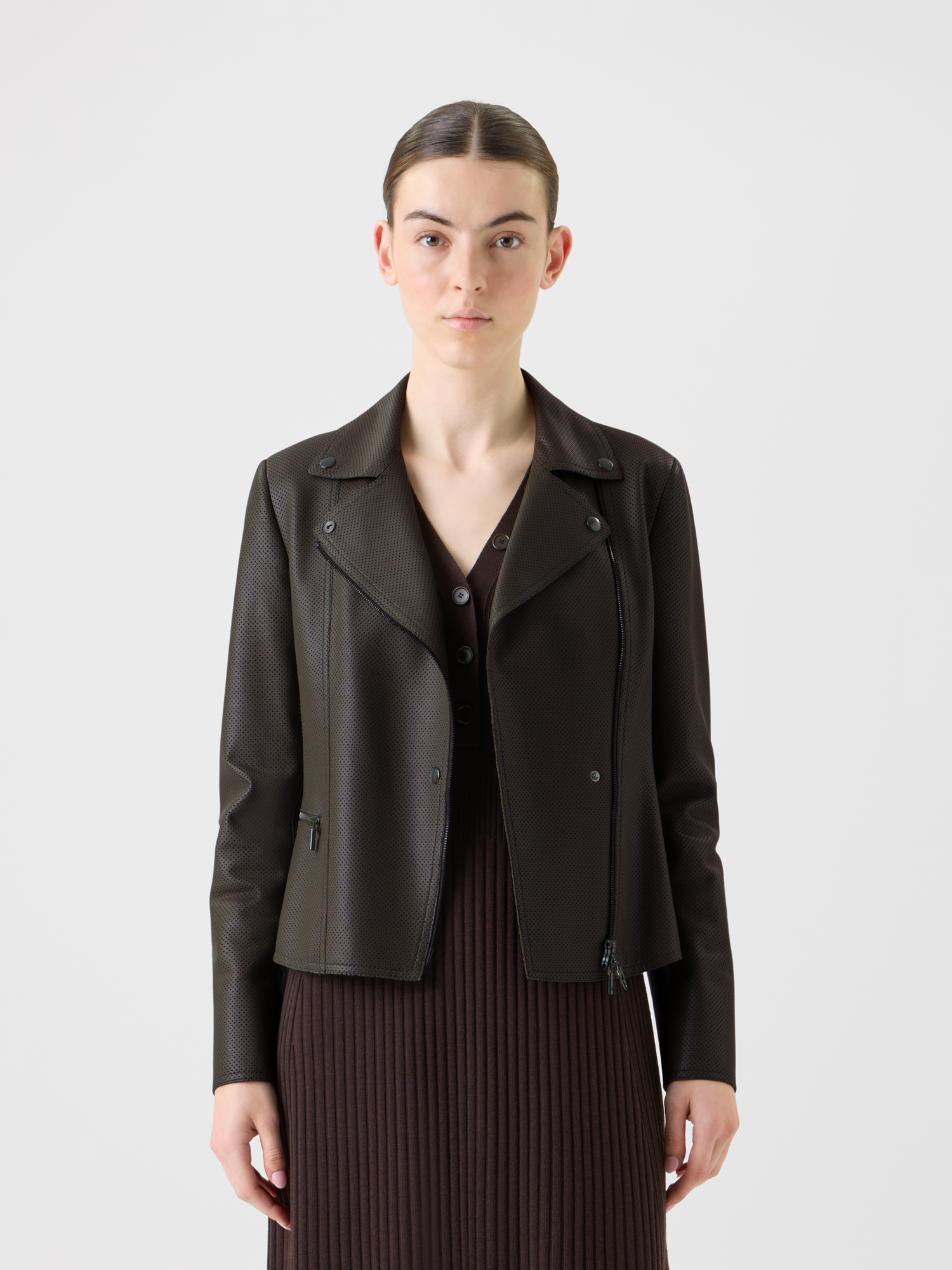 Designer Short Fitted Leather Biker Jacket - neutral - brown 