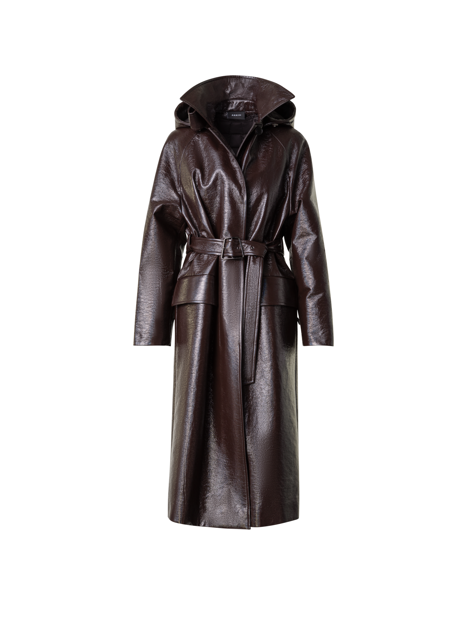 Designer Lacquer Cotton Trench Coat with Detachable Hood - brown